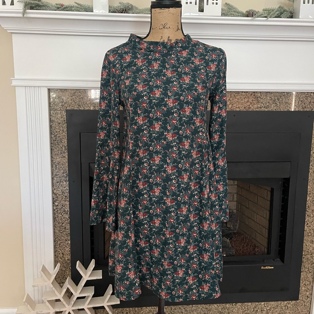 Embrace Los Angeles Hunter Green Rose Pink Floral Dress Small
